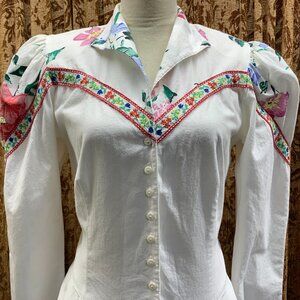 UNIQUE Vintage Prairie Cowgirl Peasant Dress Puff Sleeves Floral Embroidery EUC